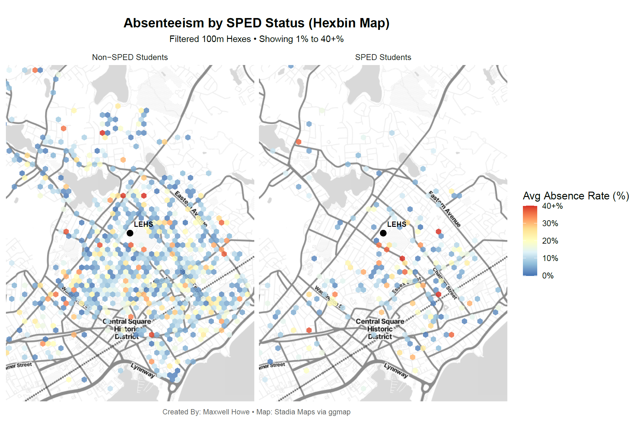 Lynn: Absenteeism by SPED Status (Hexbin)